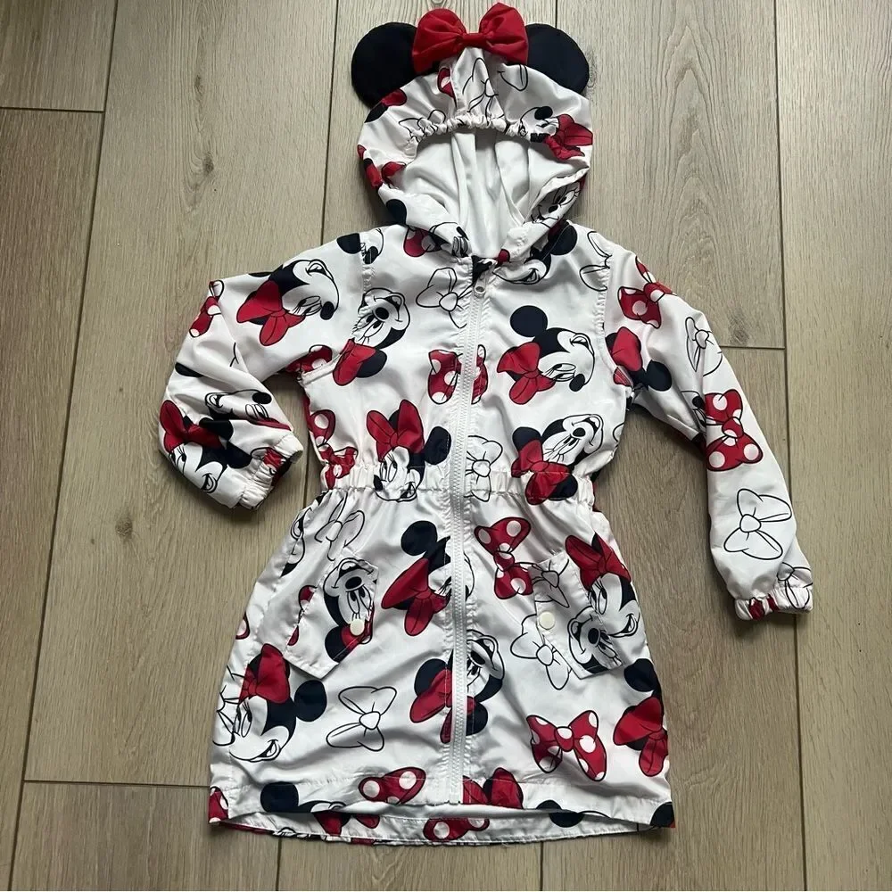 Disney Minnie Mouse Red and White Jacket Windbreaker White Red Black Hood Bow